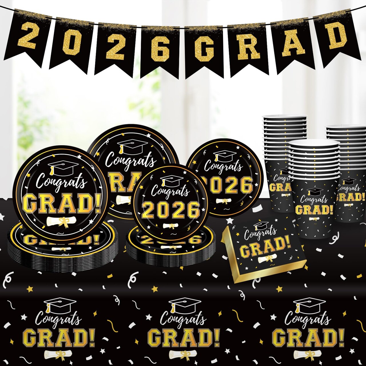 Graduation Decorations 2026 Disposable Black Graduation Tableware Kit for 25 Guests Plates Napkins Cups Tablecloth Hanging Graduation Party Decorations 2026
